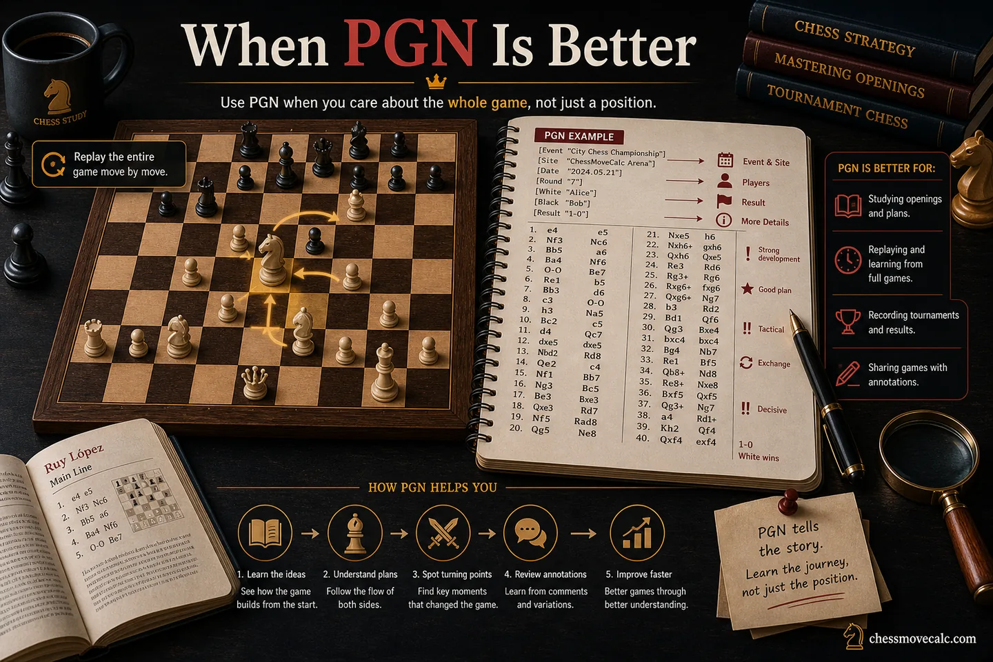 Comparison graphic showing PGN used for full game review and coaching