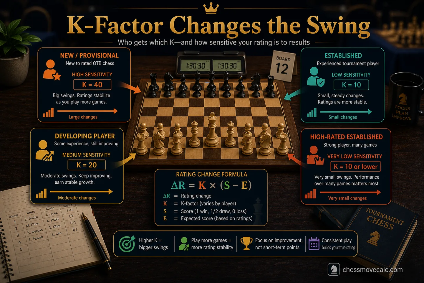Decision chart showing which FIDE K-factor applies to which player type
