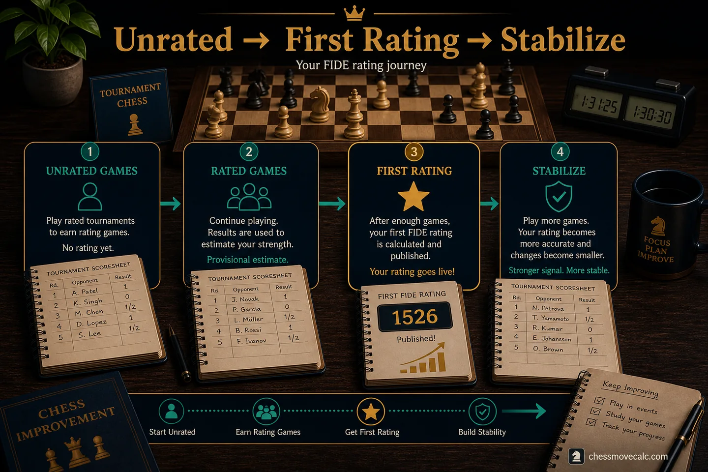 Explanatory graphic showing the path from unrated games to a first published rating