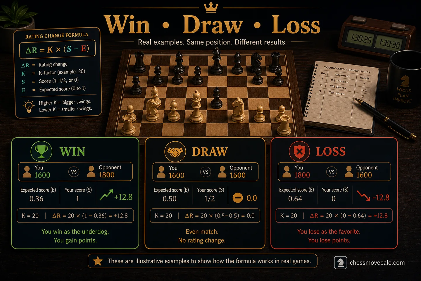 Example cards showing one FIDE win, one draw, and one loss calculation