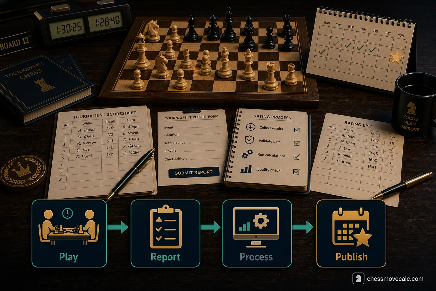 Timeline graphic showing tournament play, reporting, processing, and official publication
