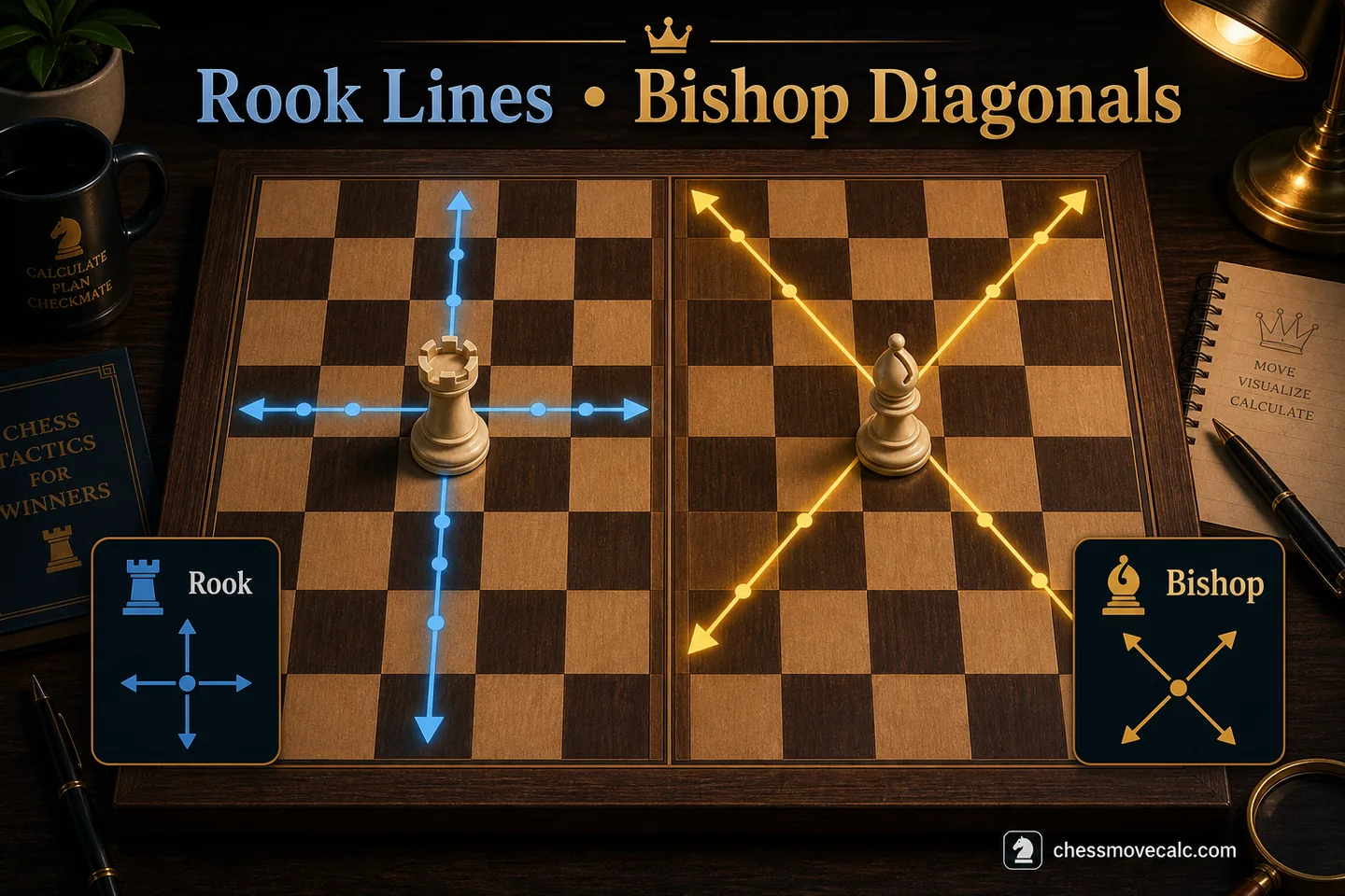 Side-by-side image comparing straight-line rook movement and diagonal bishop movement