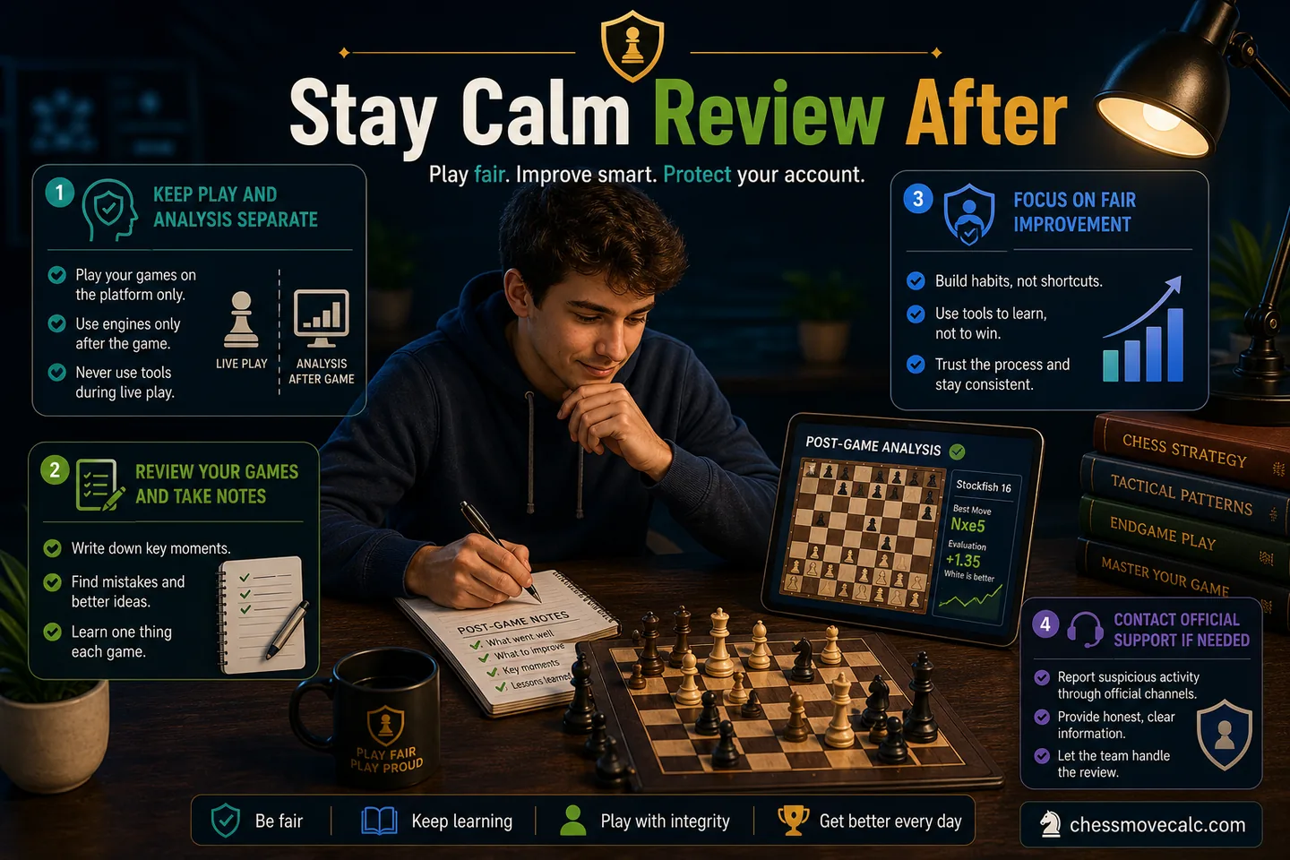 Supportive graphic encouraging normal play, legal review, and proper support channels