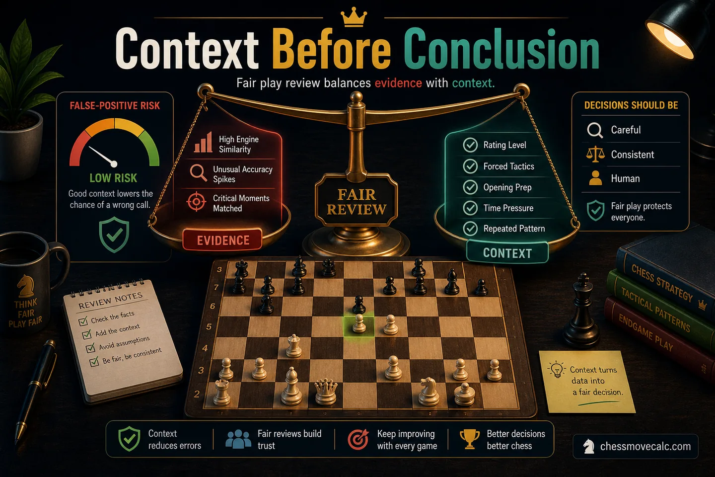 Caution graphic showing strong human play, tactical streaks, and the need for careful review