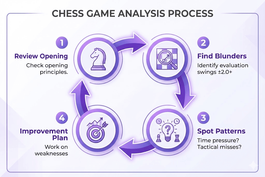 Four-step chess game analysis process showing review opening, find blunders, spot patterns, and create improvement plan