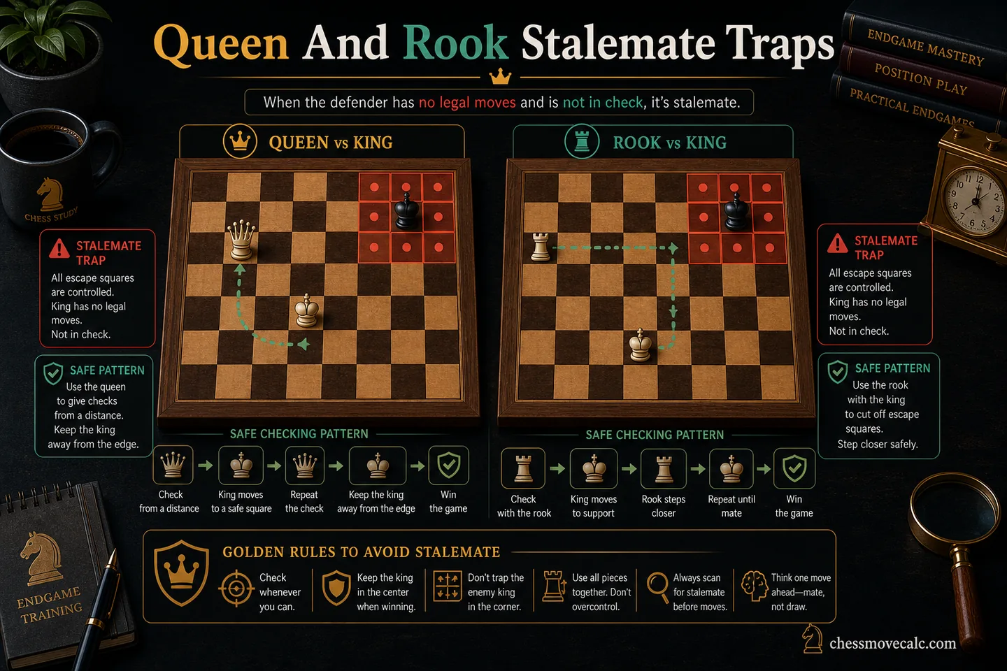 Comparison image showing common stalemate traps in queen and rook endings