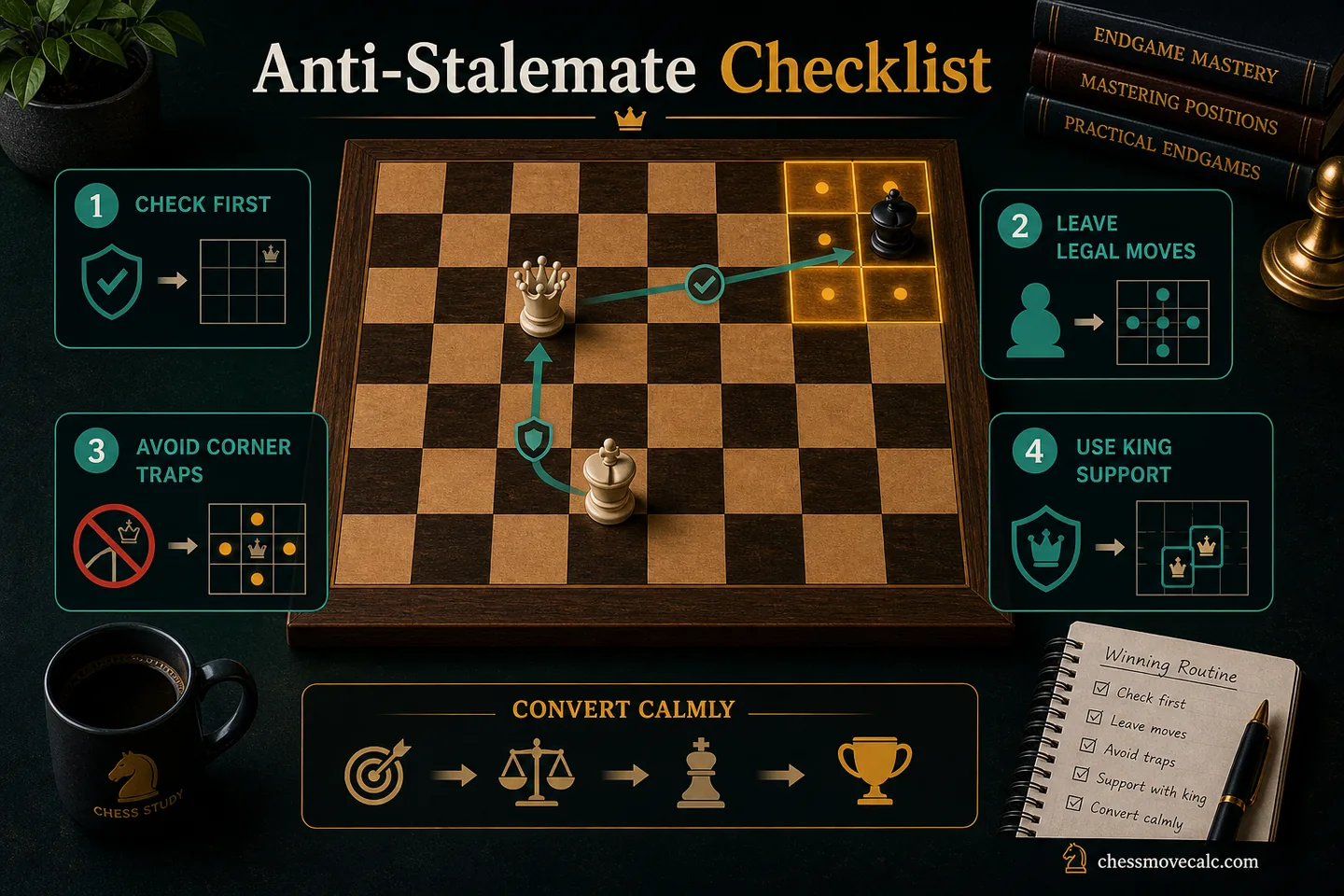 Checklist image showing verify check, count moves, preserve escape square, and finish with checks