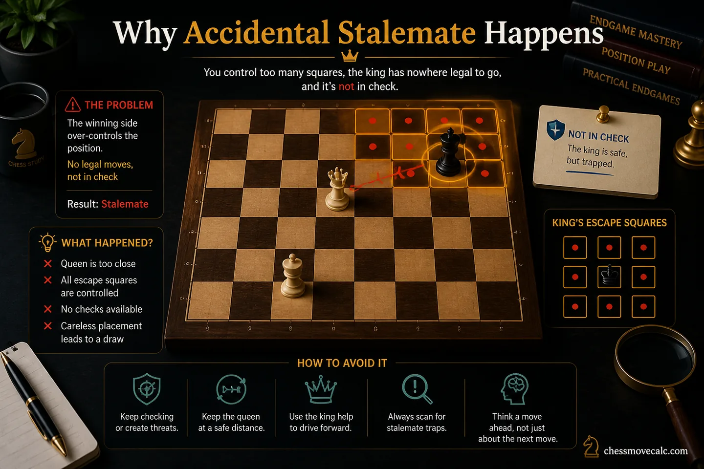 Explainer image showing a trapped king with no check and no legal moves