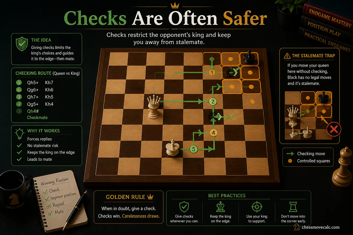 Practical graphic showing forcing checking moves leading safely toward mate