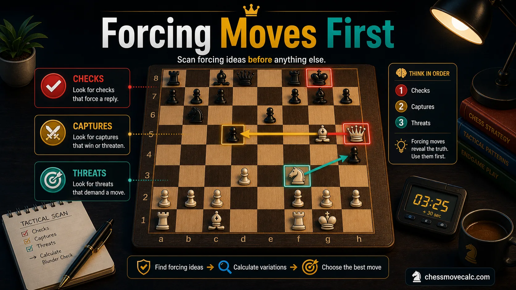 Infographic explaining why checks captures and threats come first when calculating the next move in chess