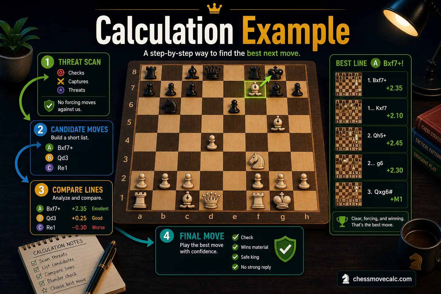 Step-by-step example infographic for calculating the next move in a chess position