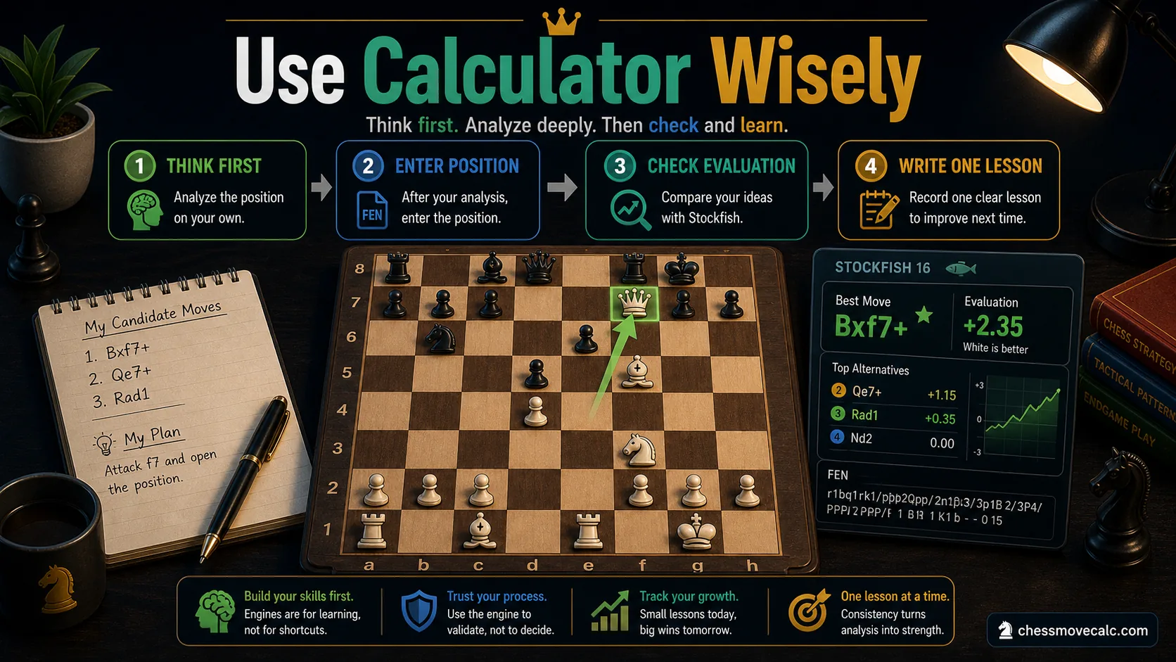 Infographic showing how to use a chess next move calculator after thinking for yourself