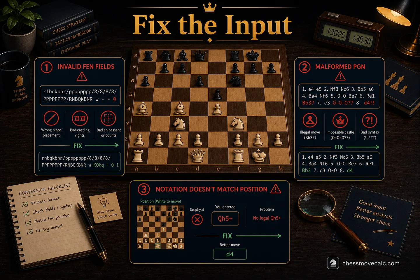 Troubleshooting graphic for invalid FEN, malformed PGN, and notation issues