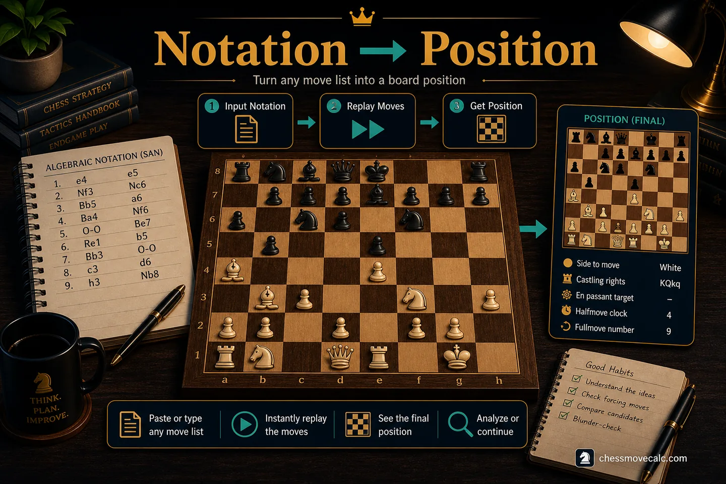 Tutorial image showing notation becoming a visible position through the converter