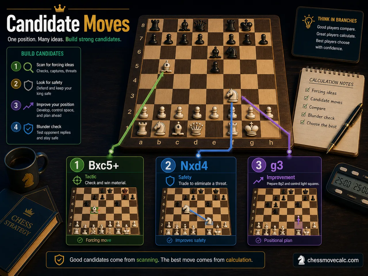 Build candidate moves infographic showing one position branching into move choices