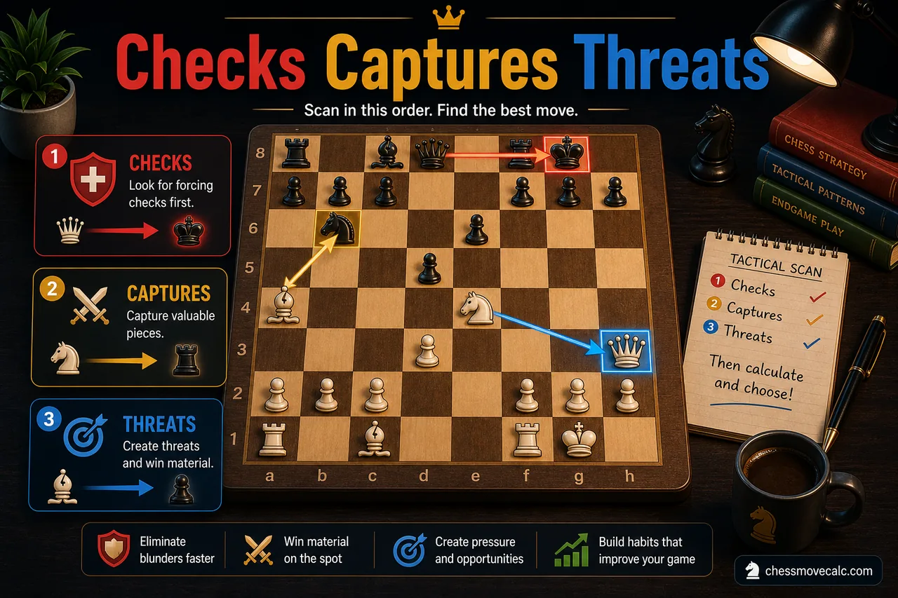 Checks captures threats first chess infographic with callouts around a central board