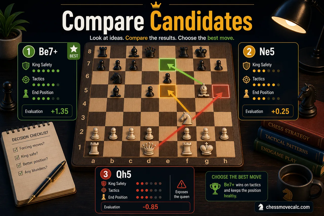 Comparison table infographic for evaluating candidate moves in chess