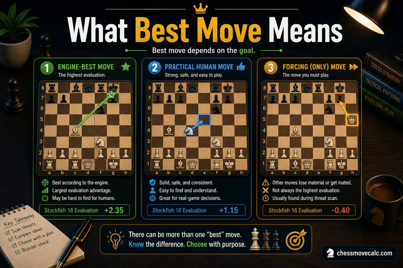 Comparison infographic explaining objective best move, practical best move, and only move in chess