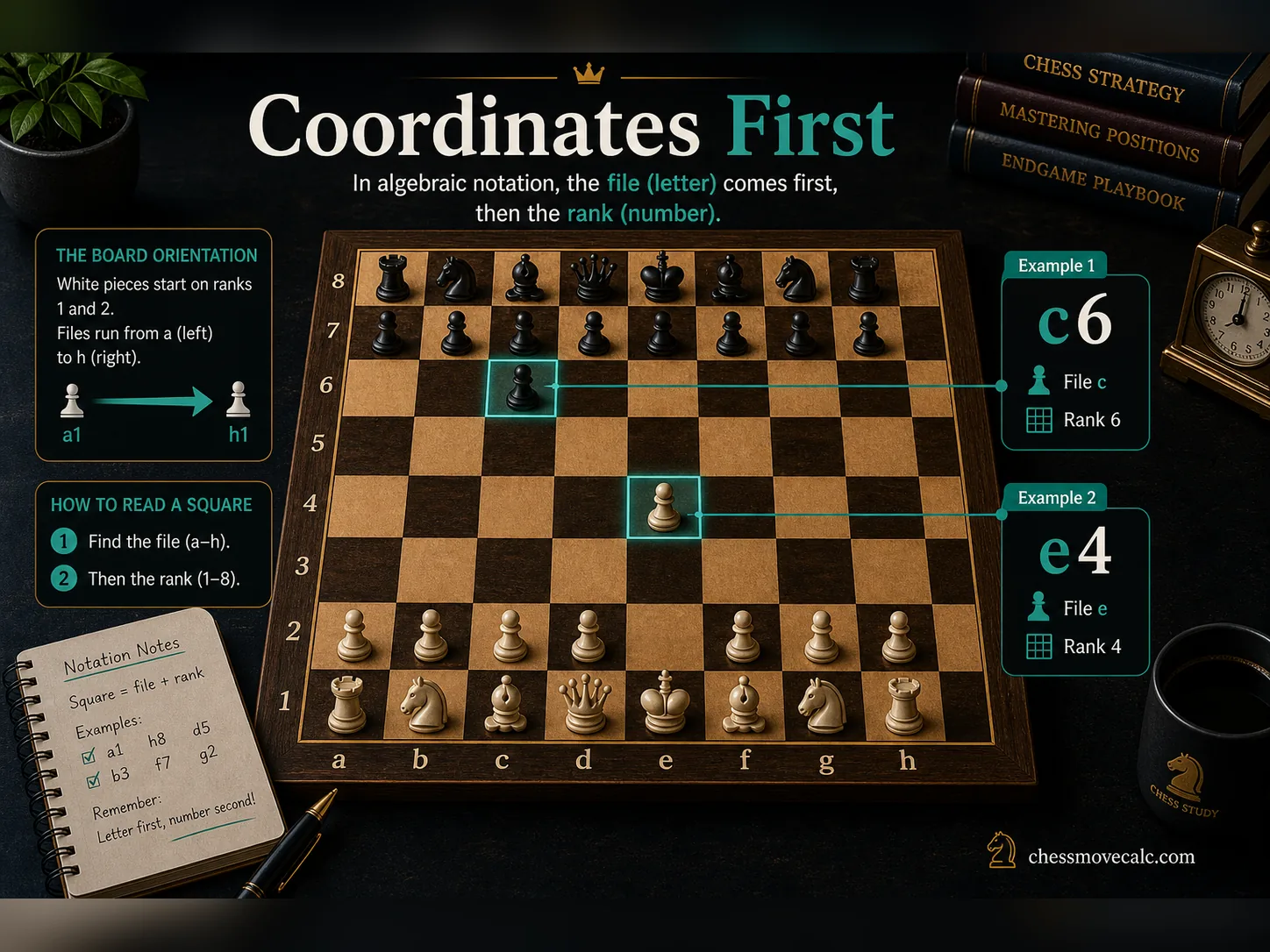 Infographic showing board coordinates for reading algebraic notation