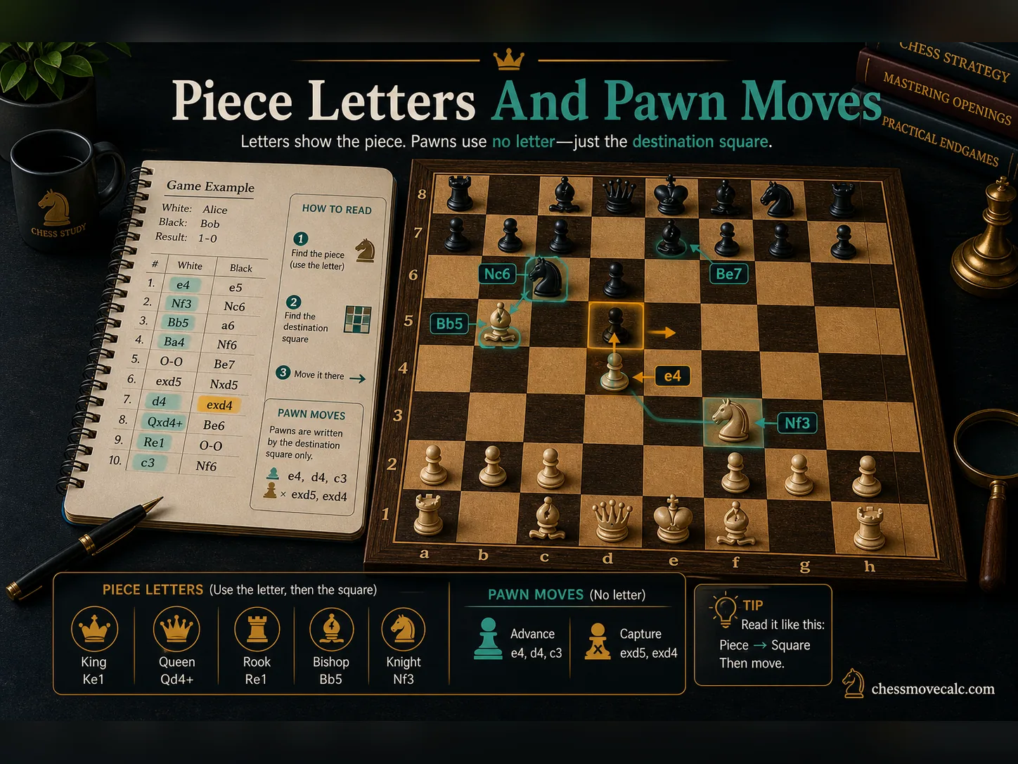 Infographic showing piece letters and pawn move examples in algebraic notation