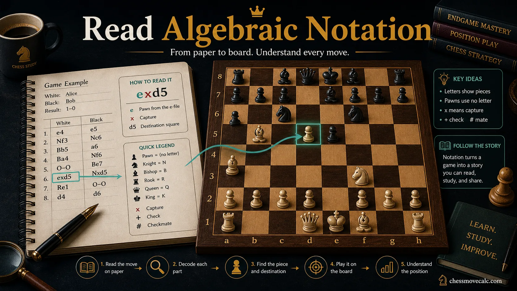 Infographic showing how to decode common algebraic notation moves