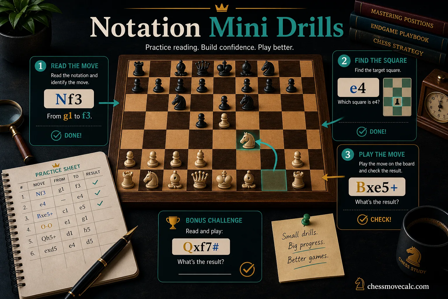 Infographic showing practice drills for reading algebraic chess notation