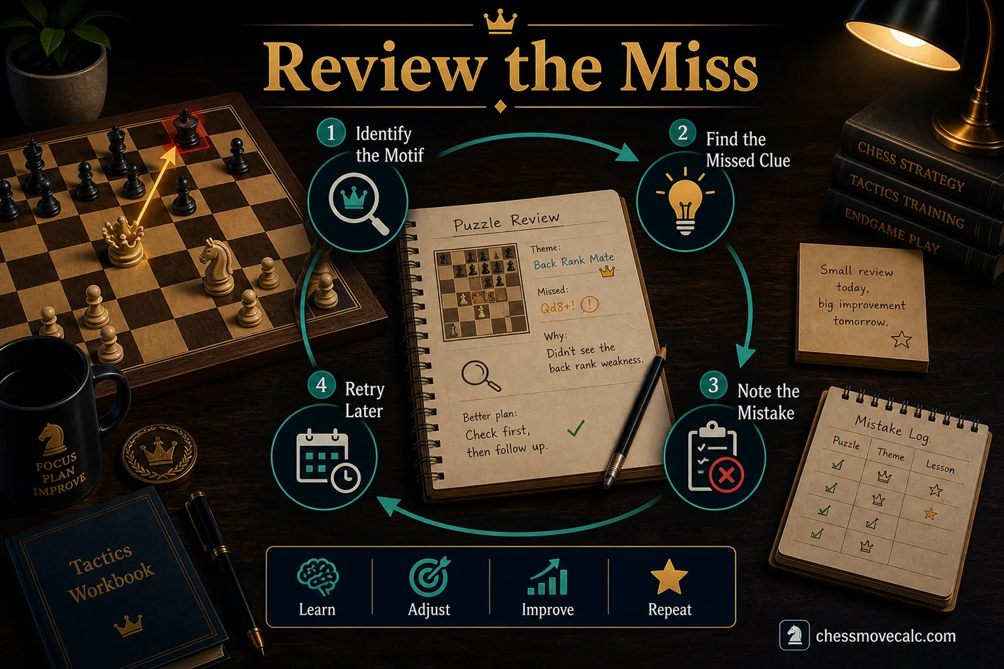 Review-process graphic showing motif, clue, mistake, and retry steps
