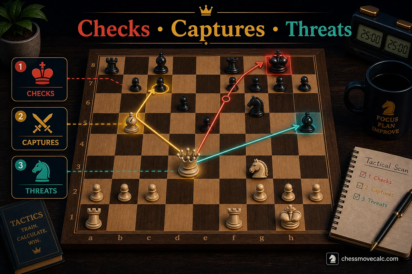 Tactics graphic showing branches for checks, captures, and threats