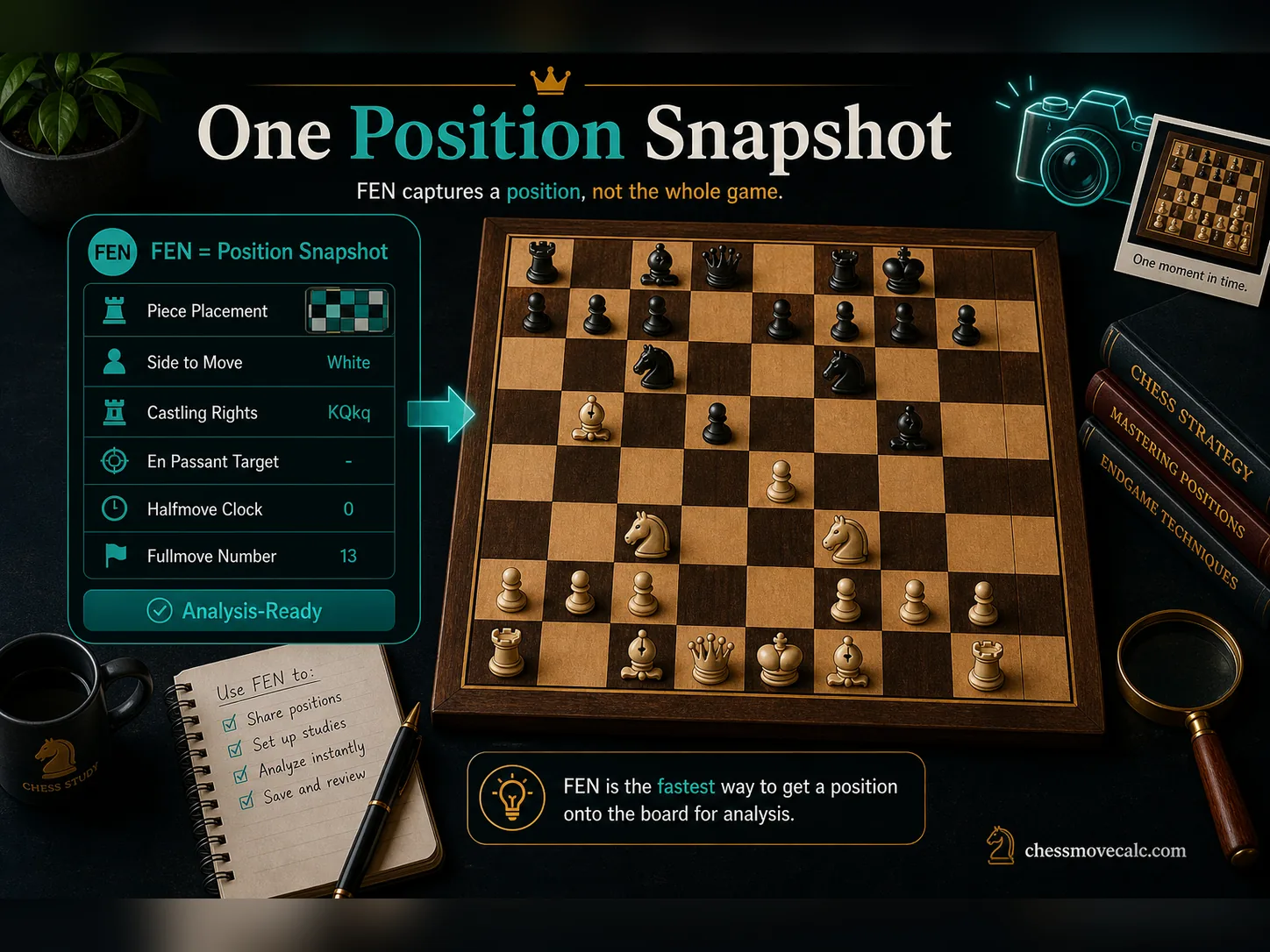 Infographic comparing a full game record with a single FEN position snapshot