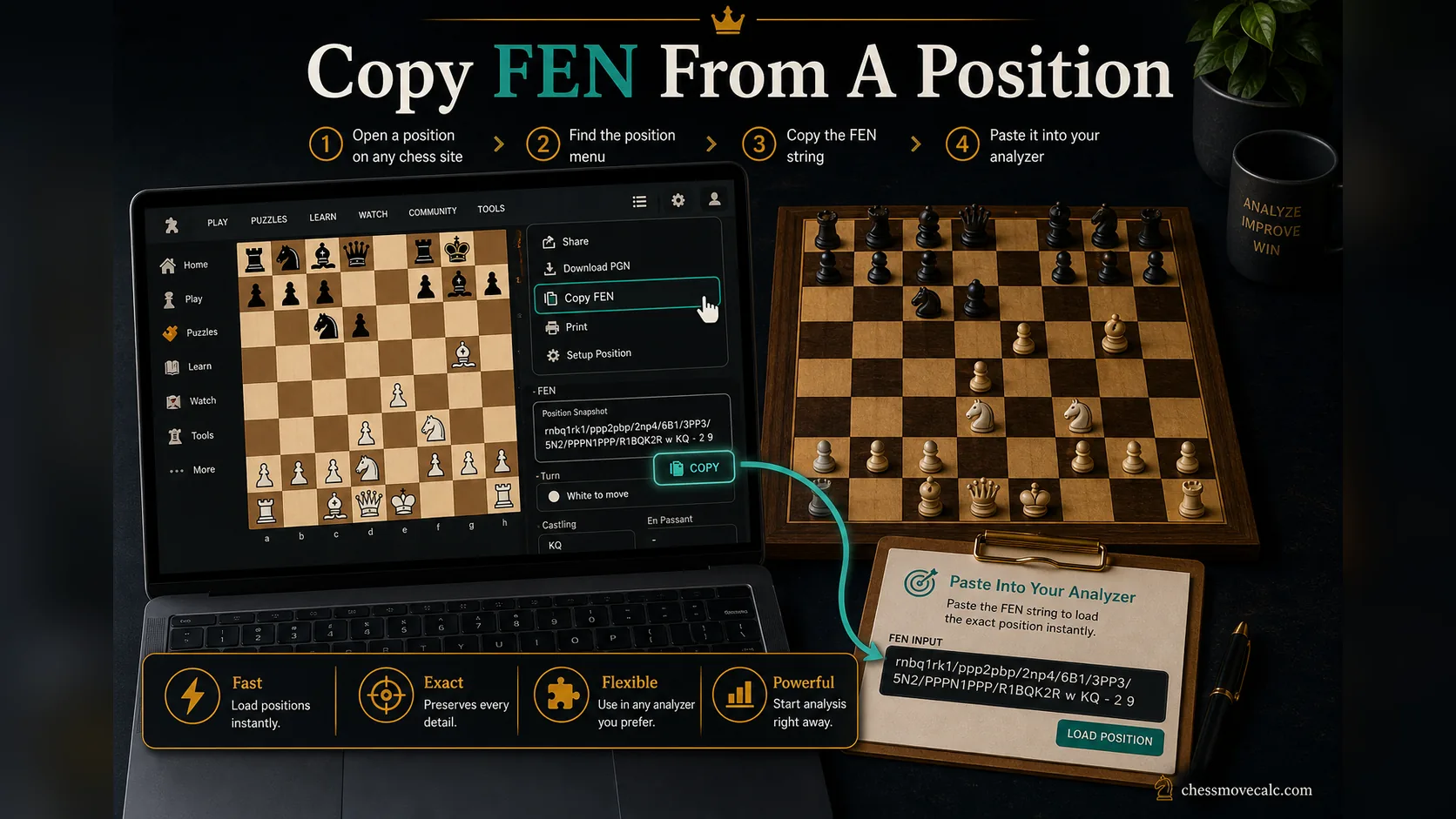 Infographic showing how to copy FEN from online chess sites