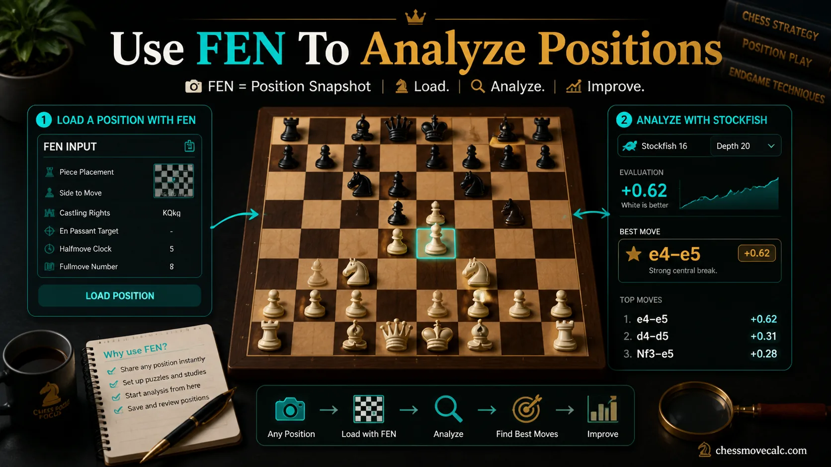 Infographic showing a FEN string broken into useful parts above a chessboard