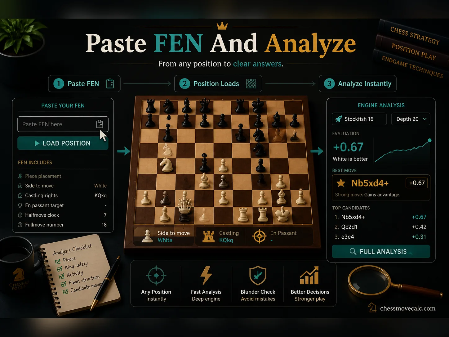 Infographic showing how to paste a FEN string into a chess analyzer and inspect the result