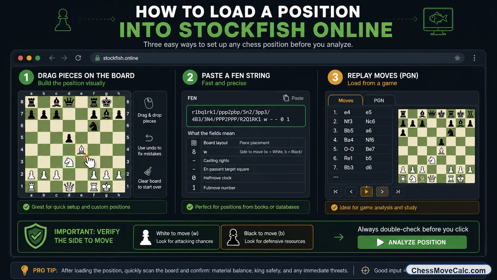 Infographic showing how to load a position into Stockfish online using board input, FEN, or PGN