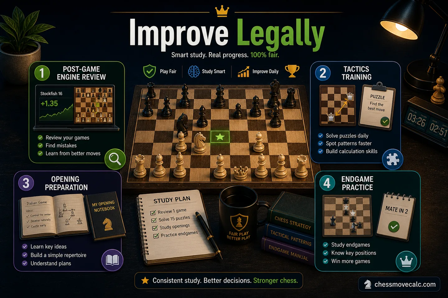 Positive alternatives graphic showing puzzles, post-game analysis, slower time controls, and study routines