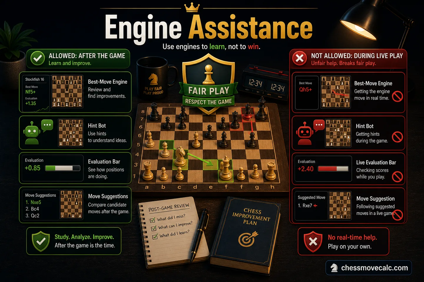 Definition graphic showing live move suggestion, helper overlays, second screens, and post-game review contexts