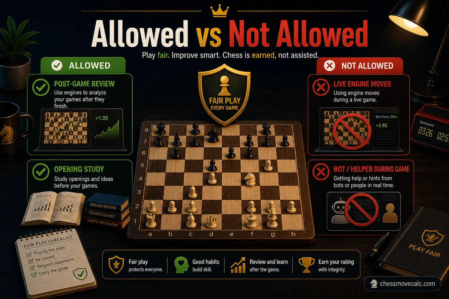 Two-column checklist comparing allowed study use with live-game cheating