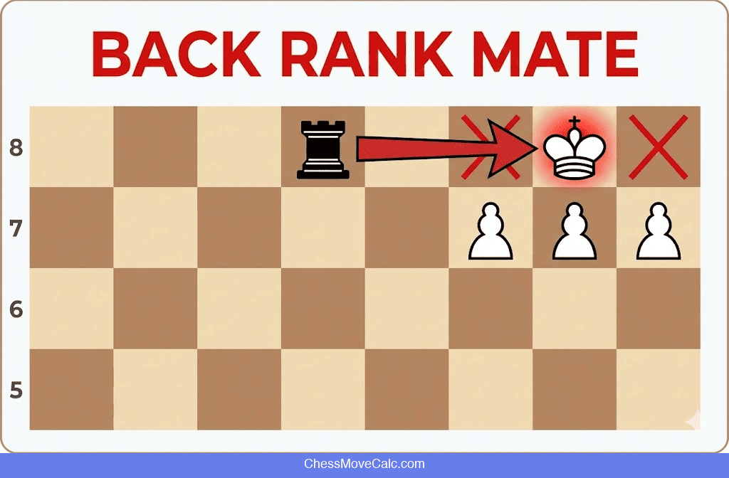 Back rank checkmate pattern showing rook delivering checkmate with king trapped by own pawns
