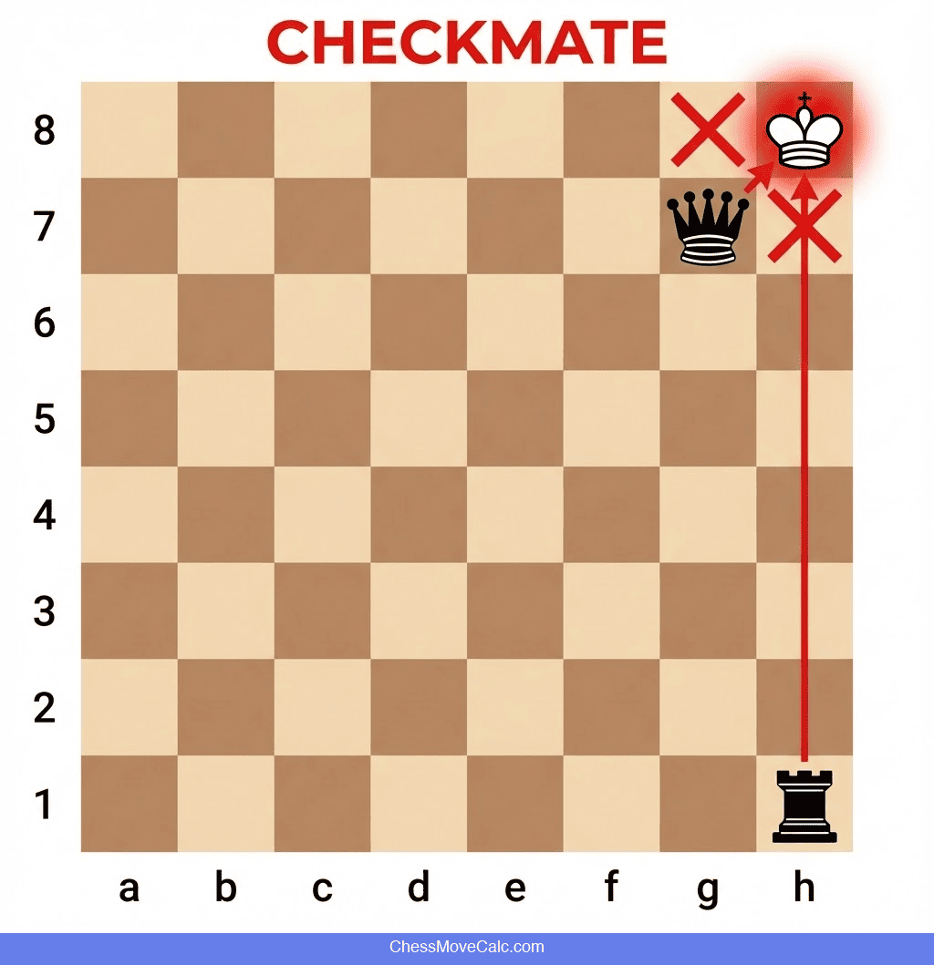 Chess checkmate example showing white king trapped by black queen and rook with no escape squares
