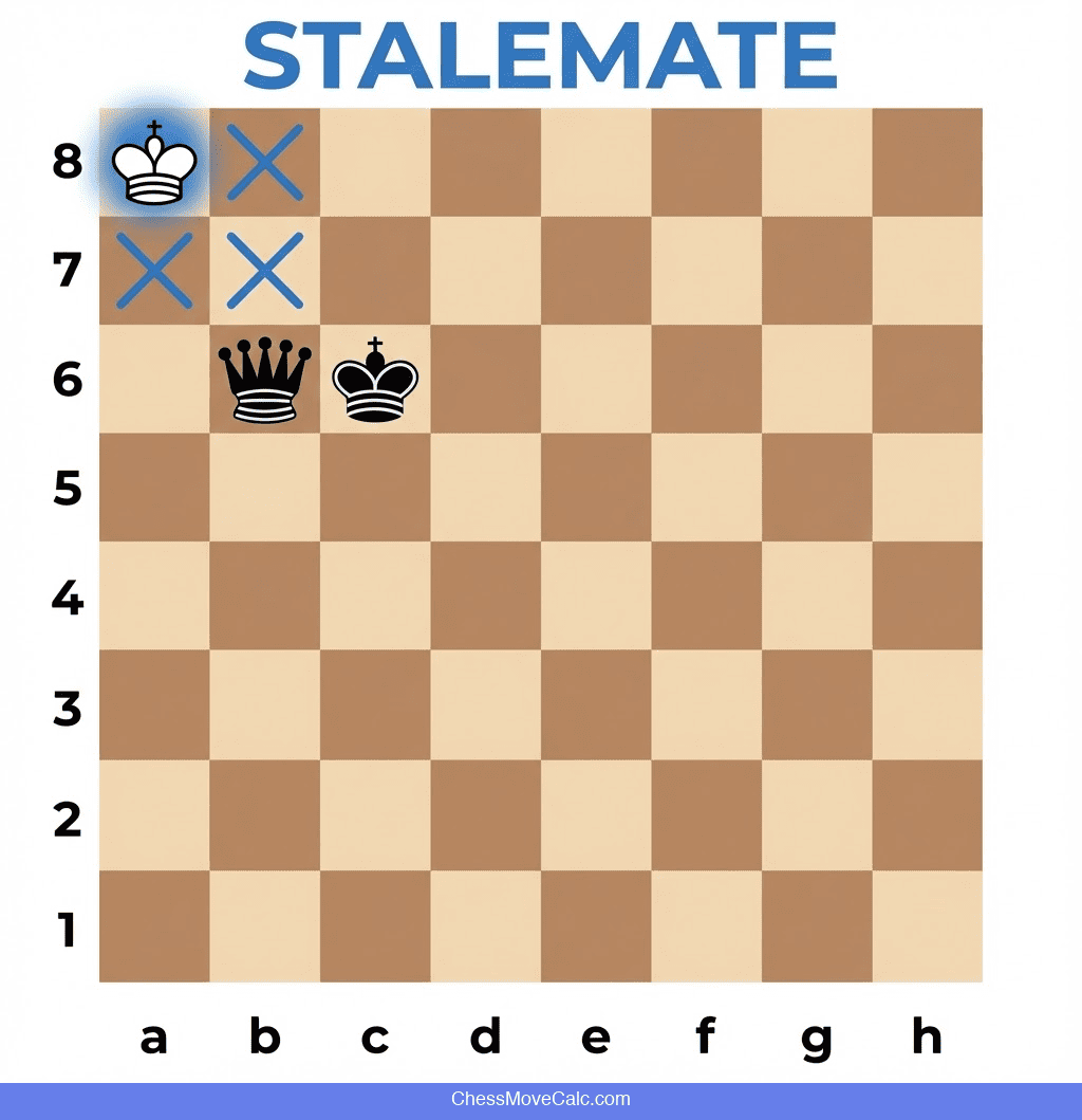 Chess stalemate example showing white king with no legal moves but not in check