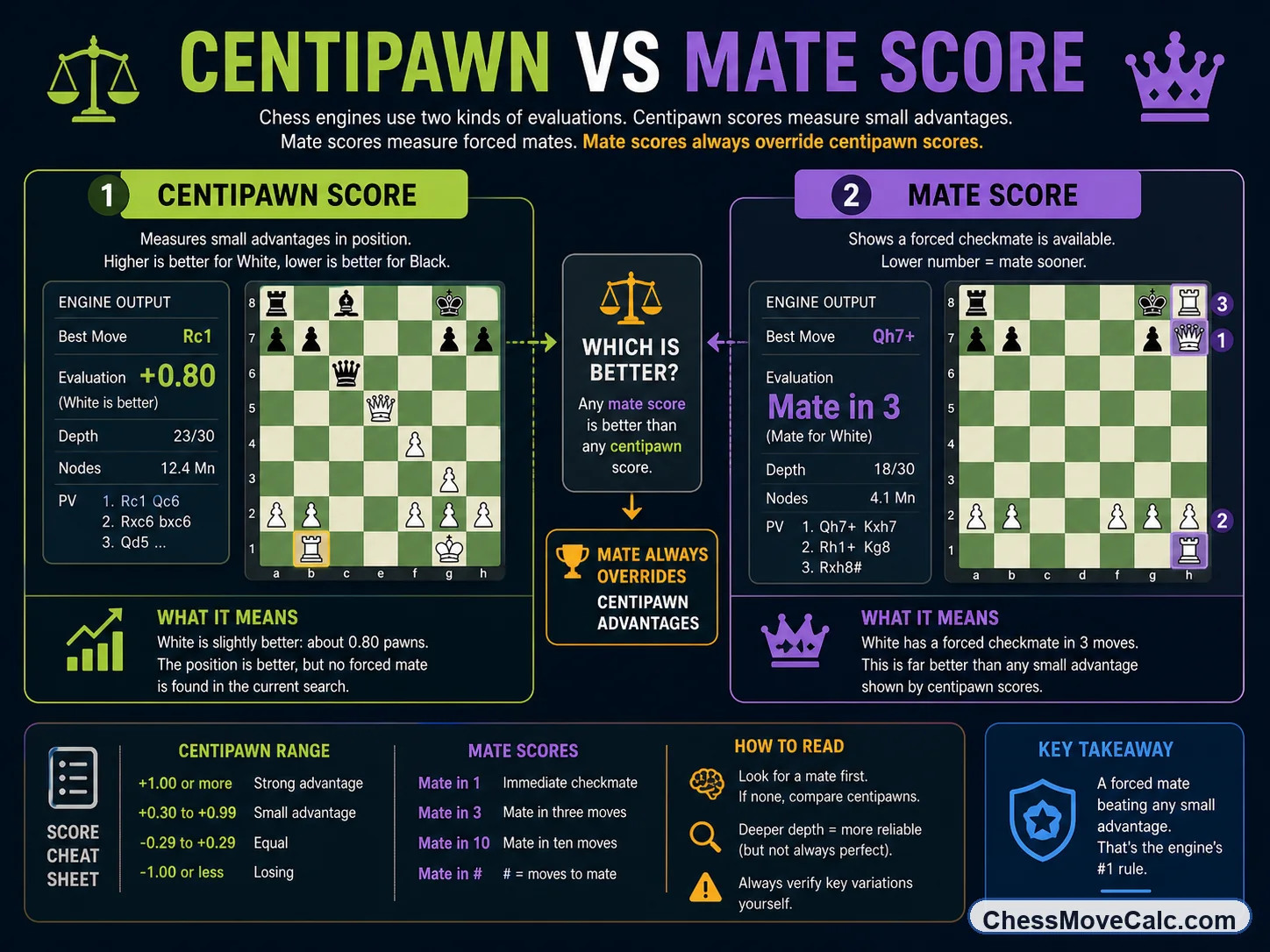 Infographic comparing centipawn scores with mate scores in Stockfish