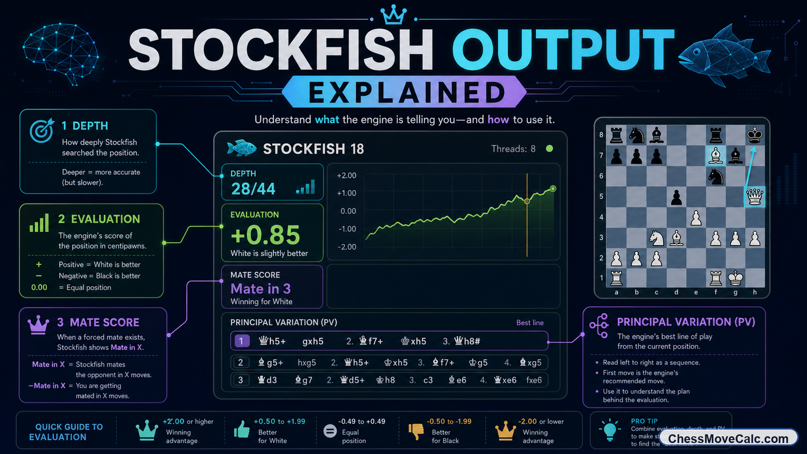 Stockfish Depth, Evaluation, and PV Explained (2026 Guide)