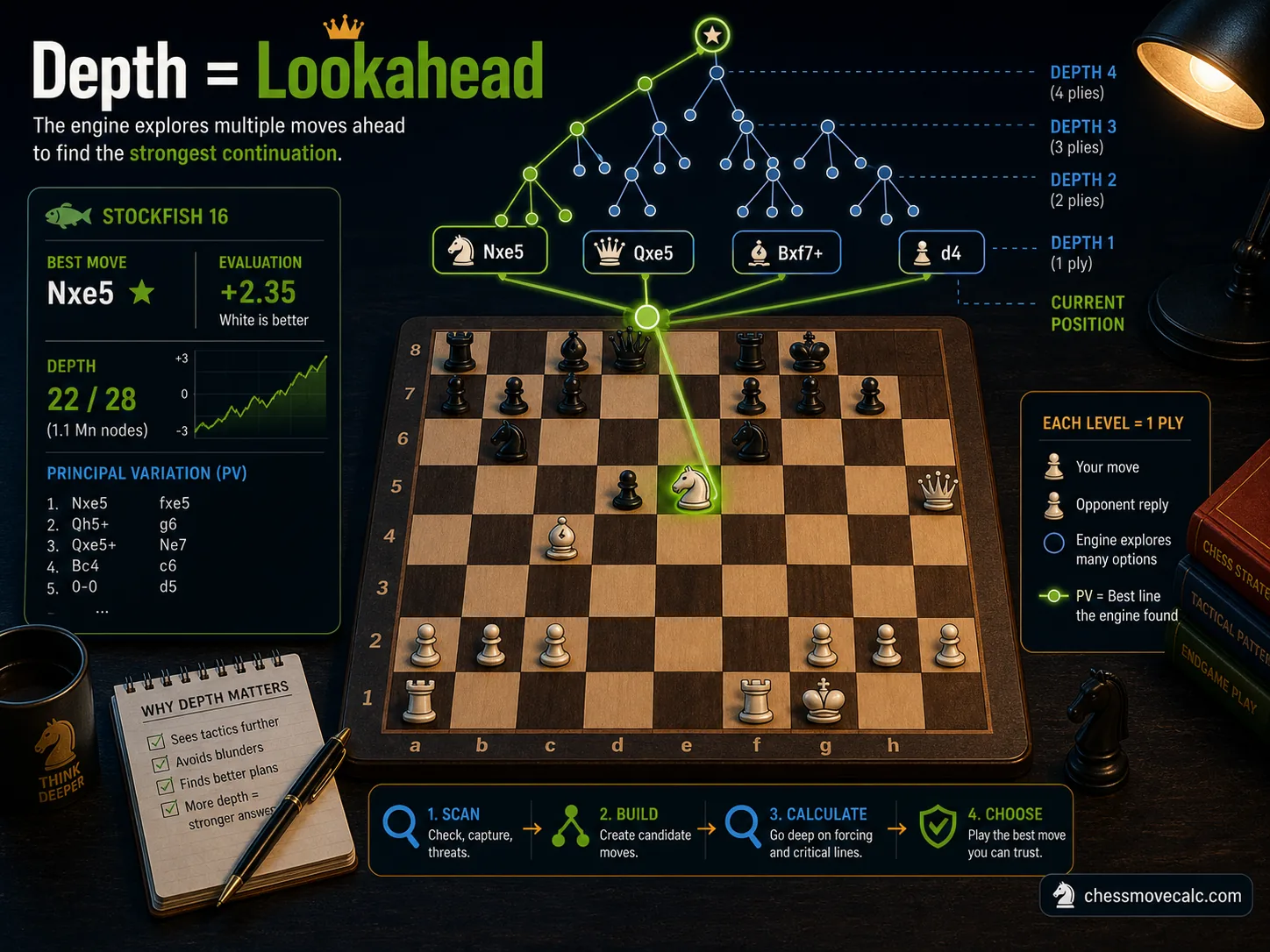 Infographic explaining what depth means in chess engine output
