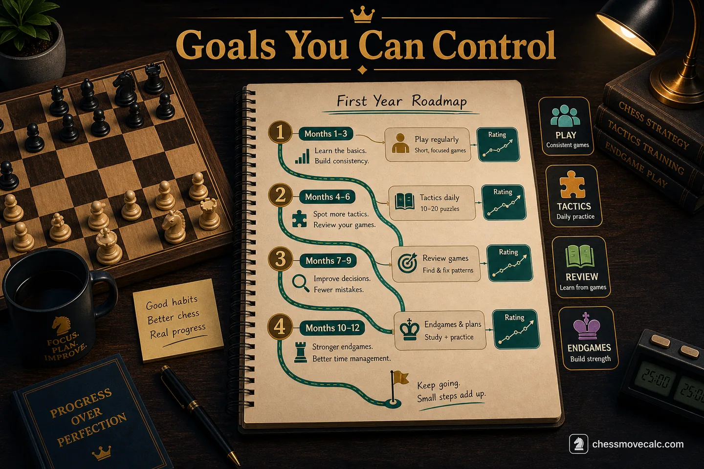 Roadmap graphic showing realistic first-year rating milestones and training focus areas