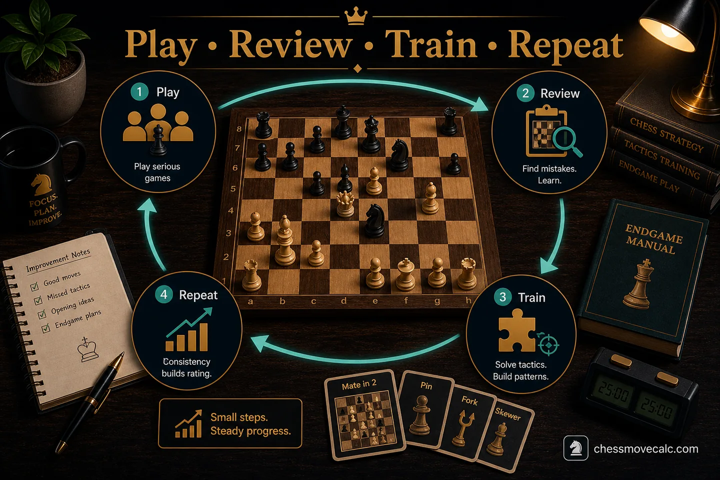 Habit-based improvement graphic showing a weekly cycle of play review tactics and endgames