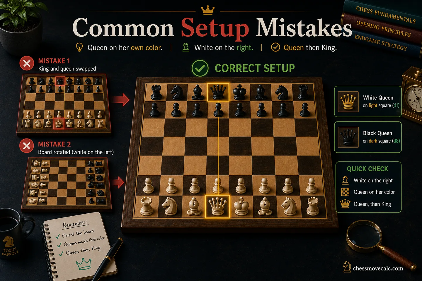 Troubleshooting graphic showing three wrong queen setups and the quick fixes