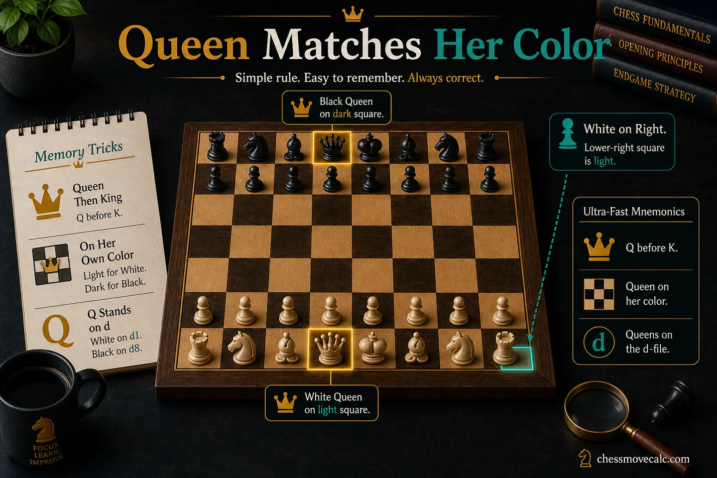 Memory-aid graphic with queen-on-color phrases and mini-board reminders