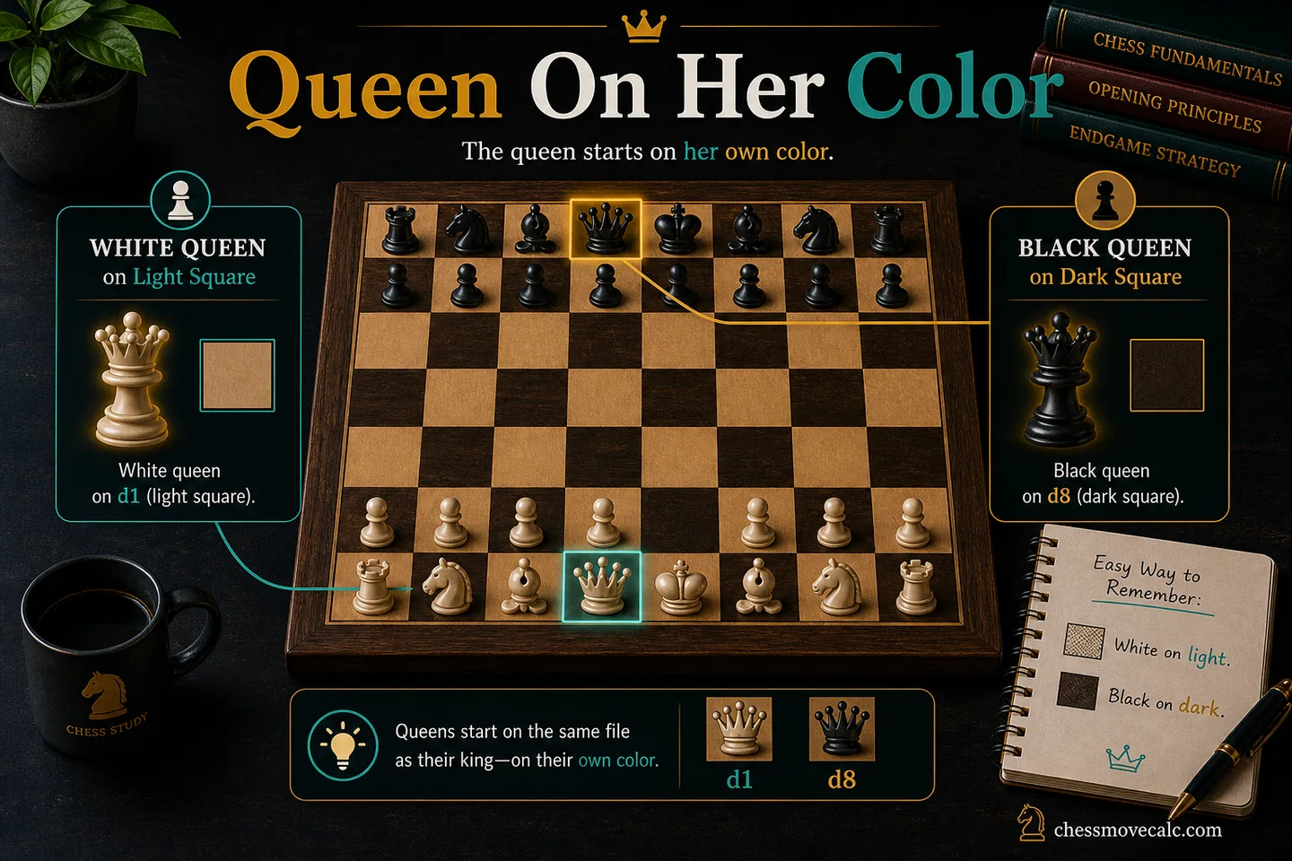 Focused graphic showing correct queen placement squares d1 and d8