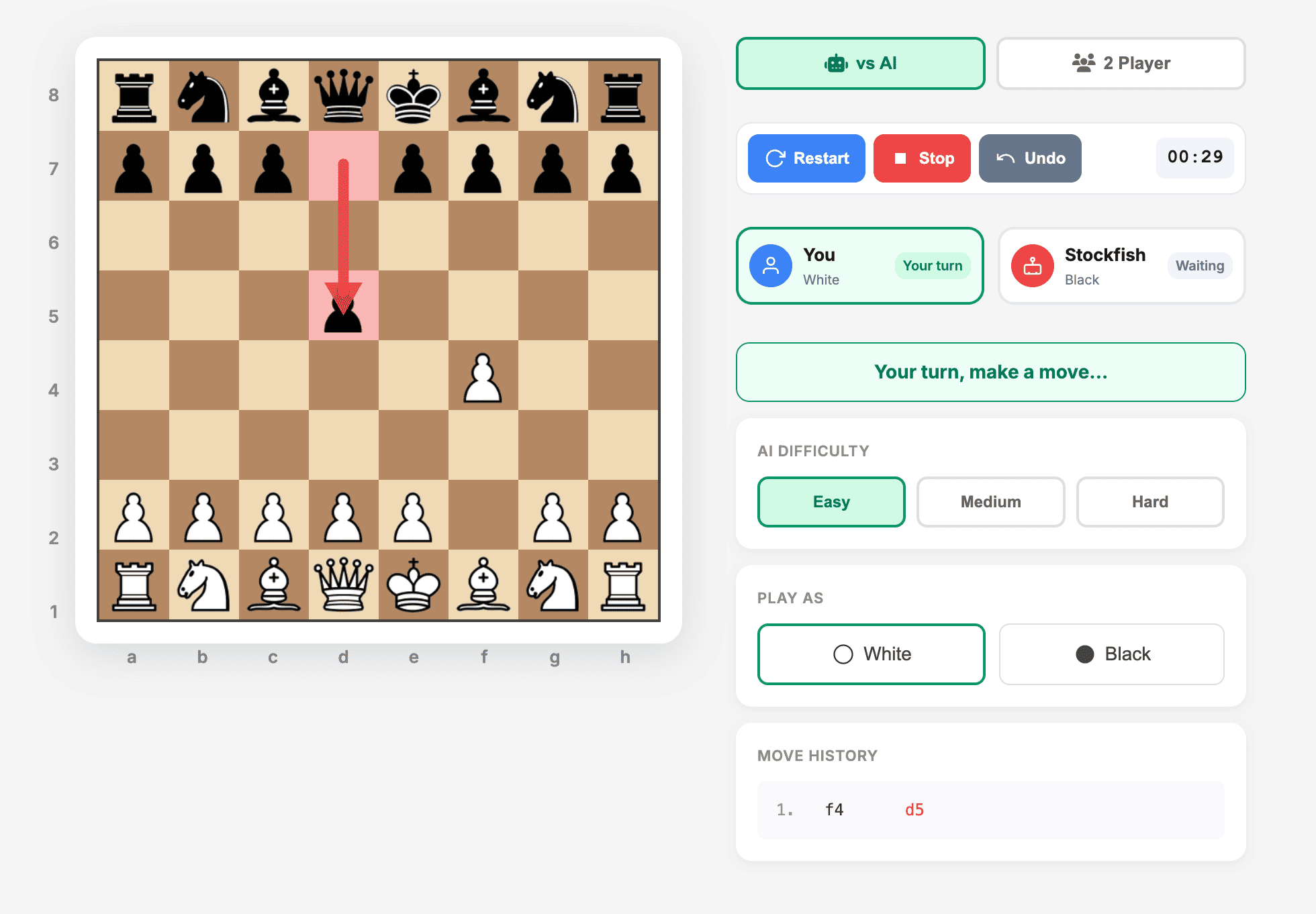 Stockfish chess AI playing against human - unblocked chess game in action
